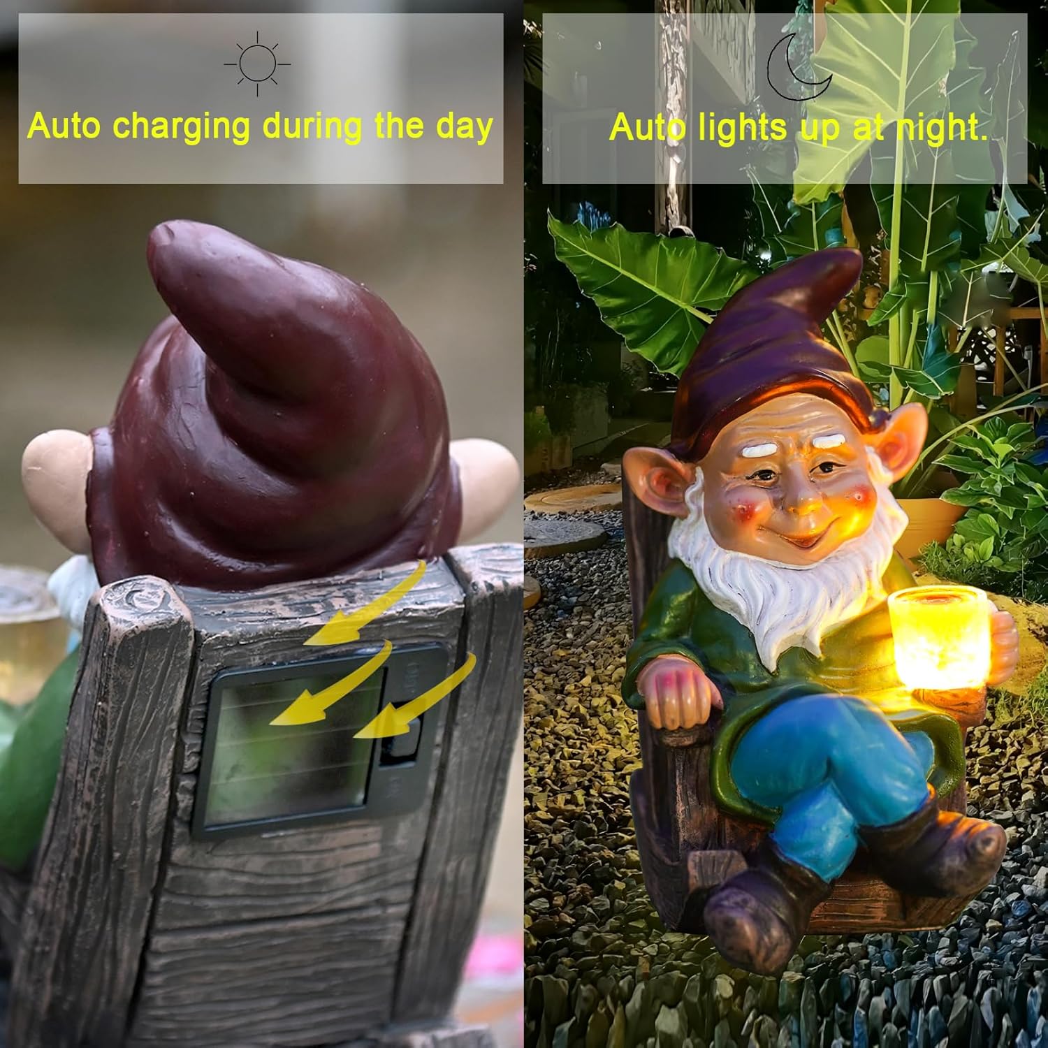 Solar Powered LED Garden Gnome Statue Drinking Coffee Outdoor Decor Z61547