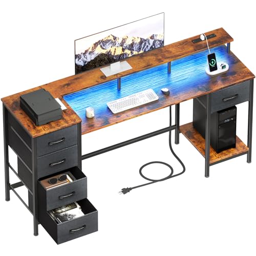 47 Inch Computer Gaming Desk with Power Outlets LED Lights and Storage Drawers I77165