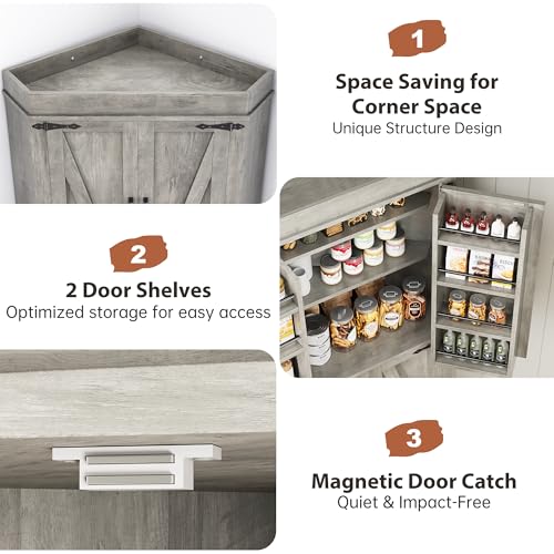 Corner Pantry Cabinet with 4 Doors and Shelves, Grey G77757