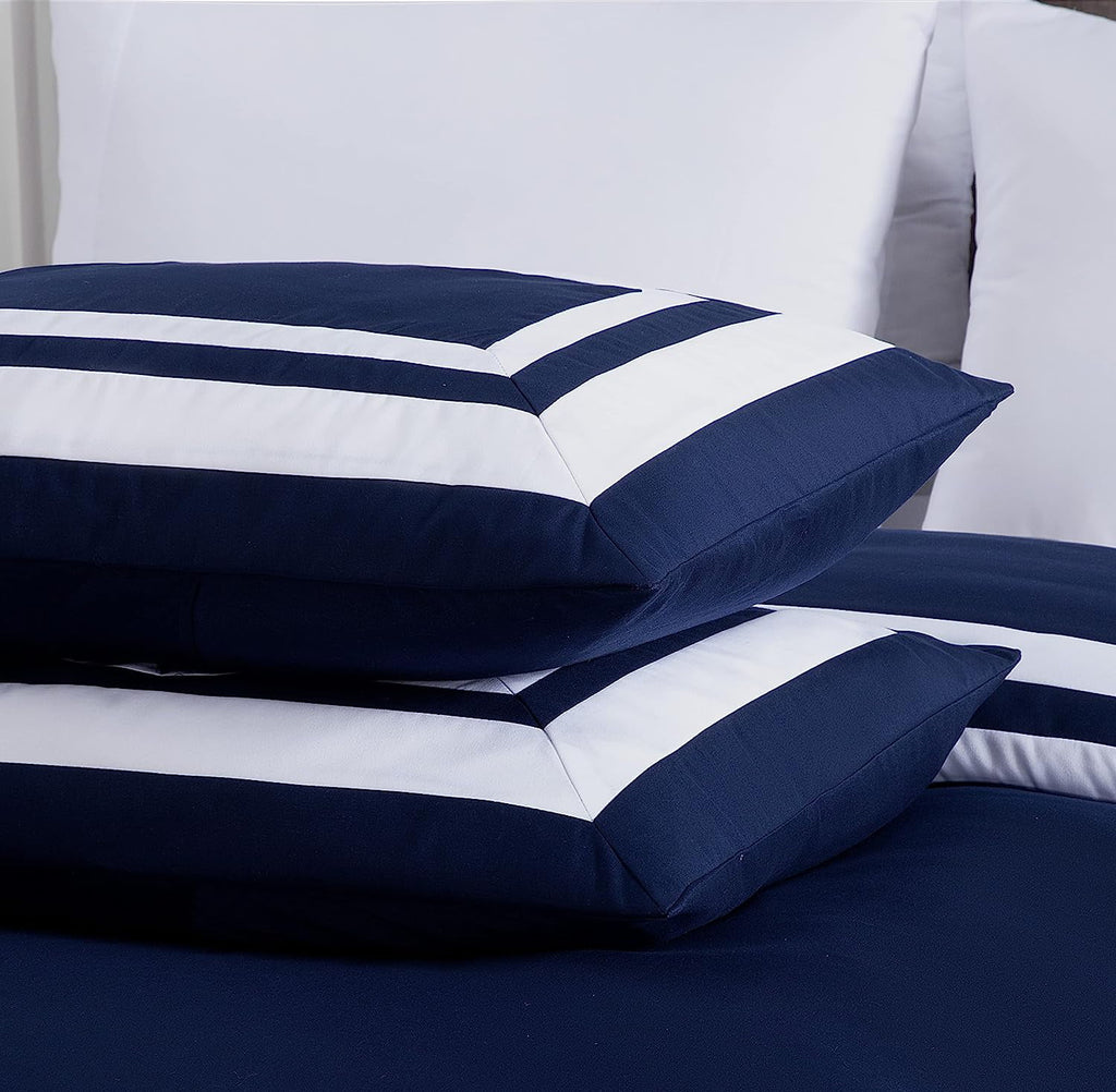 7-Piece King Comforter Set with Sheets Navy White Square Pattern I95367