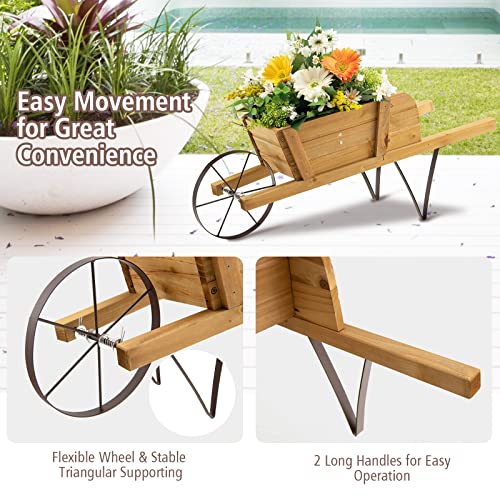 Wood Wagon Planter with Wheelbarrow Cart, Indoor Outdoor Raised Bed X798347