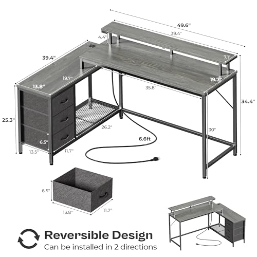 L Shaped Computer Desk with Drawers, LED Lights and Power Outlets O9269