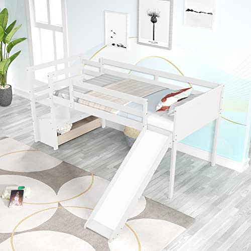 Wood House Loft Bed Frame with Slide and Storage Shelves Z806