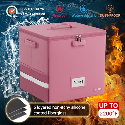 Vinyl Record Storage Box with Lock, Fireproof & Water Resistant, Holds 100+ 12-Inch Records H505