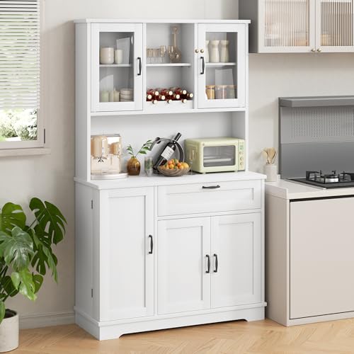 Freestanding Kitchen Pantry Cabinet with Microwave Stand, 4 Doors, Adjustable Shelves and Wine Rack C21265