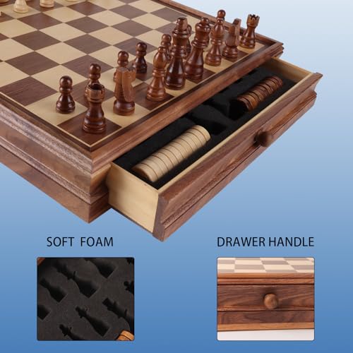 16" 3-in-1 Wooden Folding Chess, Checker & Backgammon Board Game Set L259