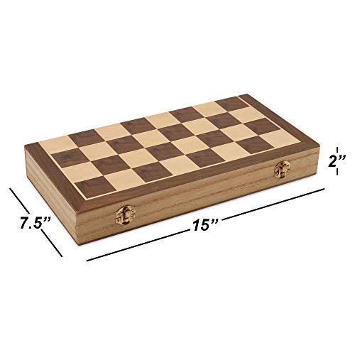16" 3-in-1 Wooden Folding Chess, Checker & Backgammon Board Game Set L259
