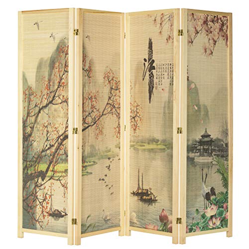 4-Panel Folding Bamboo Room Divider with Cherry Blossom Scene B61114
