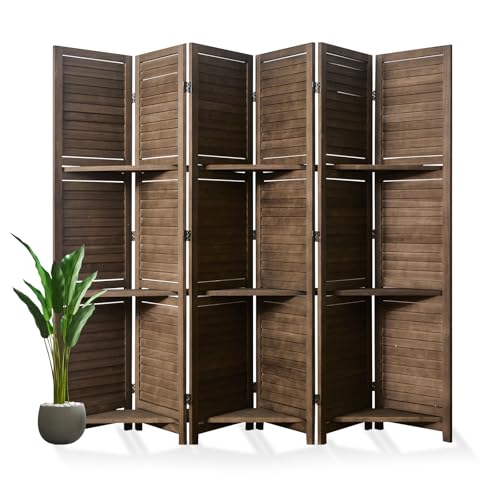 Folding Room Divider with Shelves, 6 Panels, Brown D785582