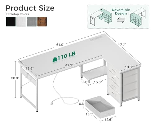 L Shaped Desk with 4 Tier Drawers, Power Outlets & USB, Corner Computer Desk with CPU Stand U4256