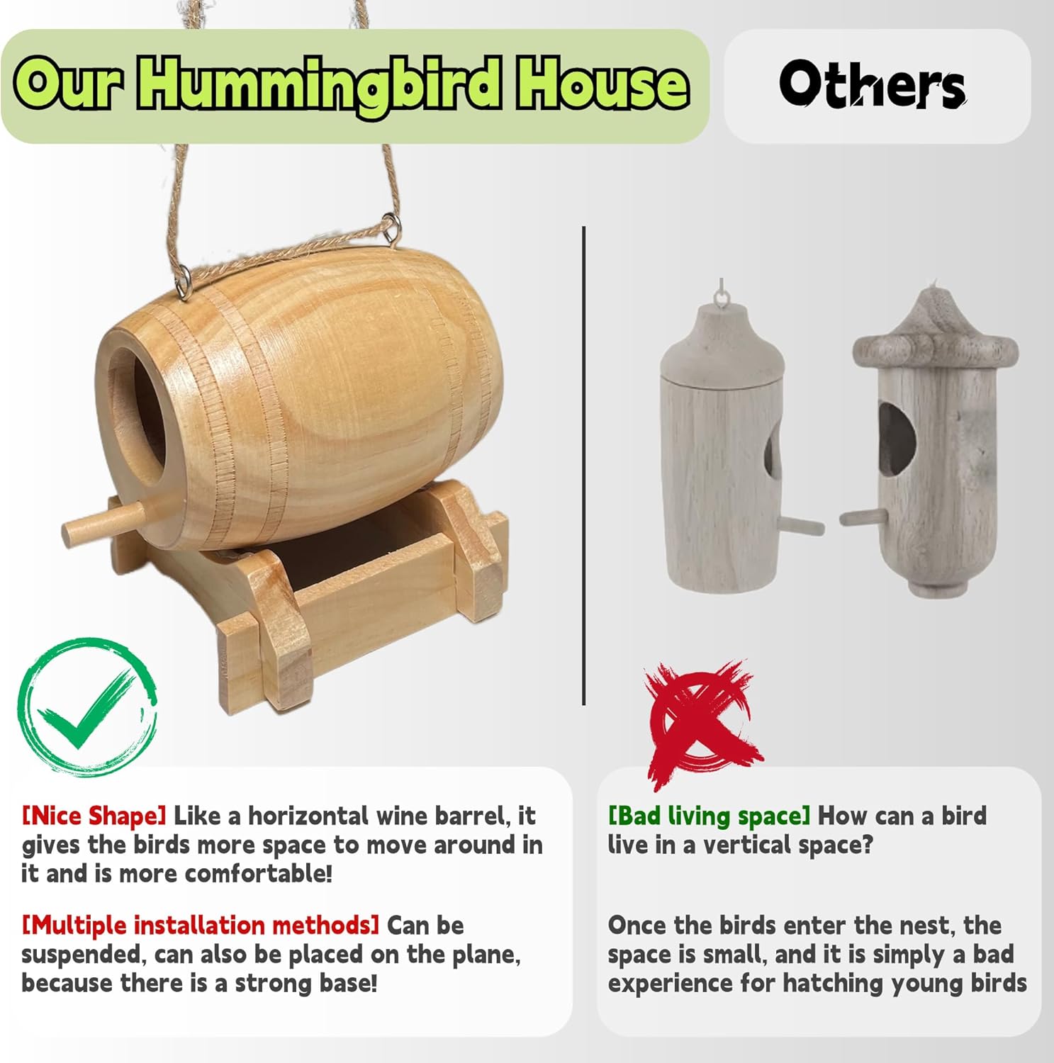 Hummingbird House for Outside Hanging, 2 Pack, Natural Wooden Nest F9084