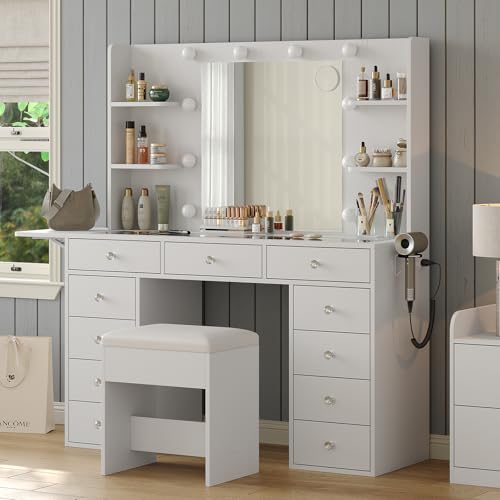 Makeup Vanity Desk with Lighted Mirror and Power Outlet F65931