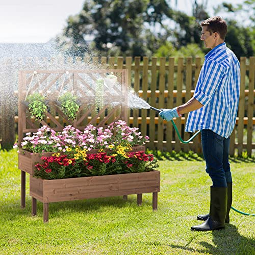 Raised Garden Bed with Trellis, 2-Tier Wooden Planter Box with Legs and Drain Holes F8672