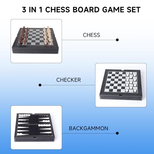 16" 3-in-1 Wooden Folding Chess, Checker & Backgammon Board Game Set L259