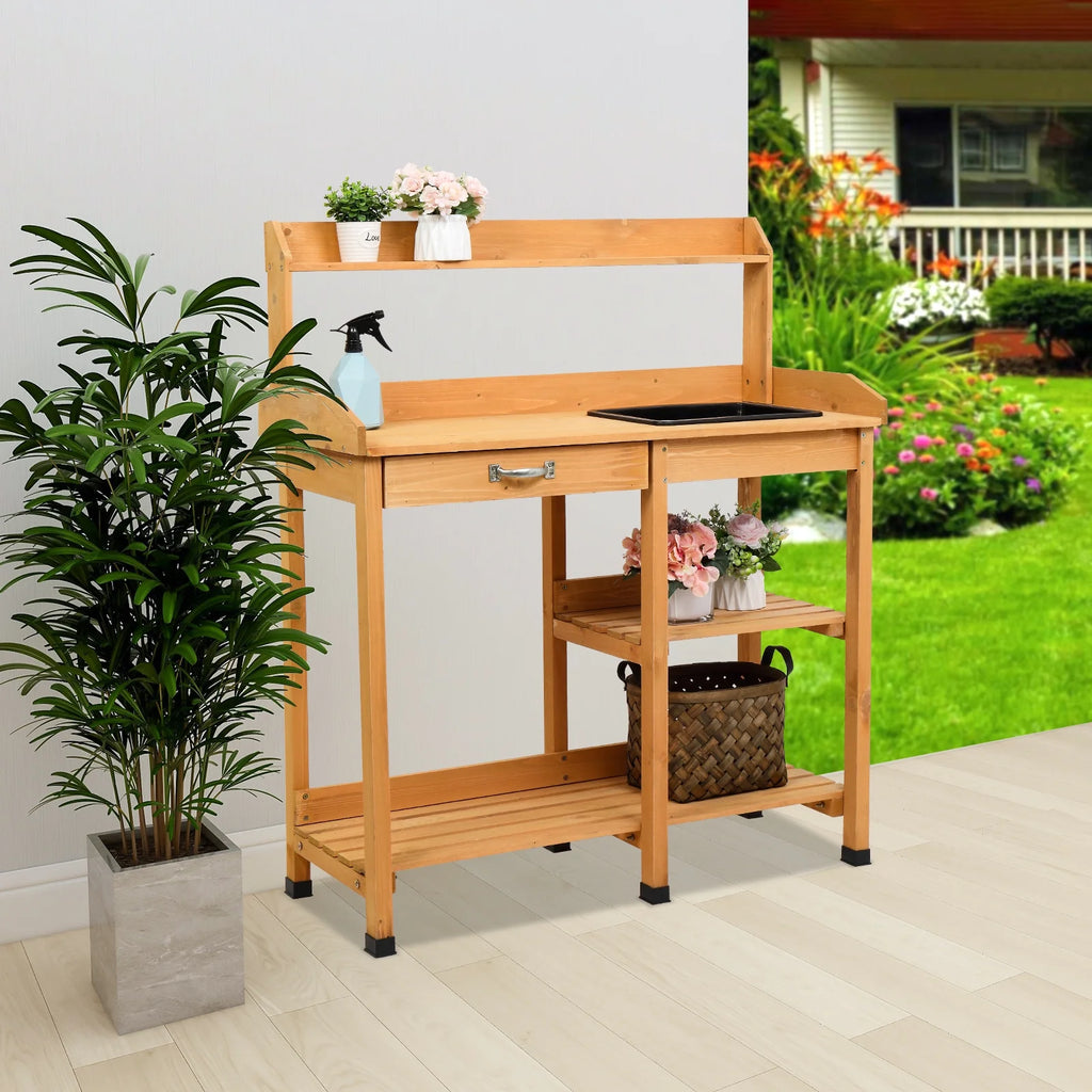 Wooden Potting Bench with Sink, Hooks and Storage Shelf Q510378