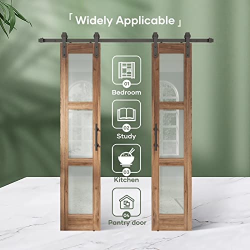 Double 18 x 84 inch Glass Barn Door with Hardware Kit & Handle Included, 3-Panel Frosted Glass, Need Assembly S404