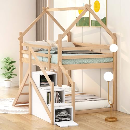 Wood House Loft Bed Frame with Slide and Storage Shelves Z806