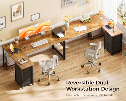 L Shaped Desk with 4 Tier Drawers, Power Outlets & USB, Corner Computer Desk with CPU Stand U4256