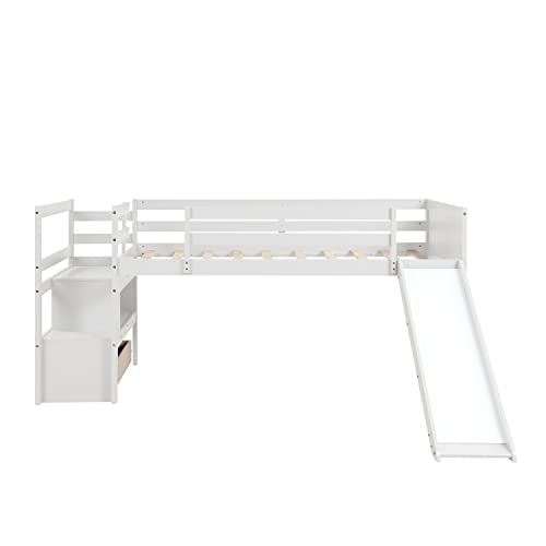 Wood House Loft Bed Frame with Slide and Storage Shelves Z806