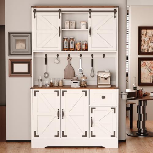 Kitchen Pantry Cabinet with Charging Station and Microwave Stand, White A481