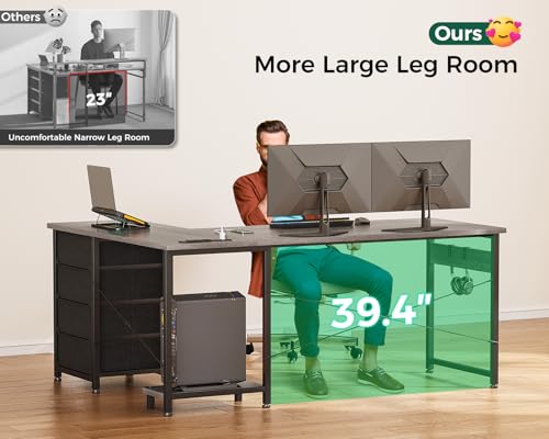 L Shaped Desk with 4 Tier Drawers, Power Outlets & USB, Corner Computer Desk with CPU Stand U4256