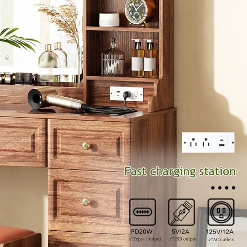 Makeup Vanity Desk with Mirror and Lights, Glass Top, 9 Drawers M5813