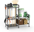 Garden Tool Organizer, Garden Tool Storage Rack with 6 Hooks and 2-tier Metal Shelves, Yard Tool Organizer Cart for Garage with Wheels Stand up to 35 Long-Handled Tools for Shed, Outdoor