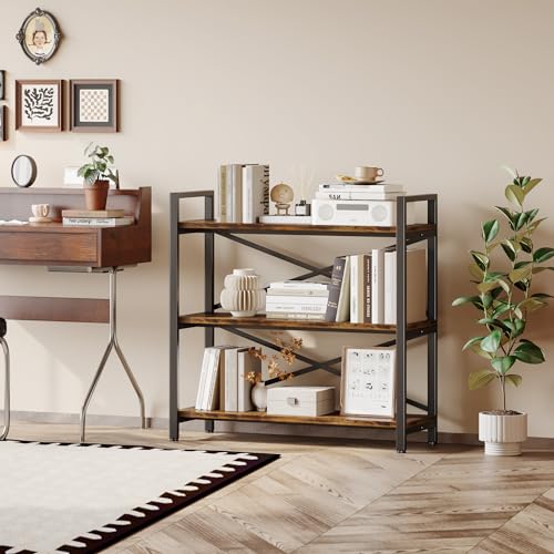 3 Tier Industrial Bookcase, Rustic Etagere Bookshelf for Living Room U5786