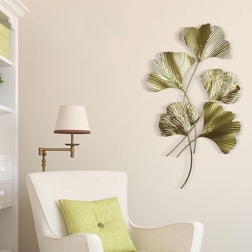 PITI Gold Metal Wall Decor for Home Décor Ginkgo Leaf Iron Wall Hanging Sculptures Modern Home Living room Bedroom Office Apartment Decoration 3D Wall Art Gift(Gold Leaf)