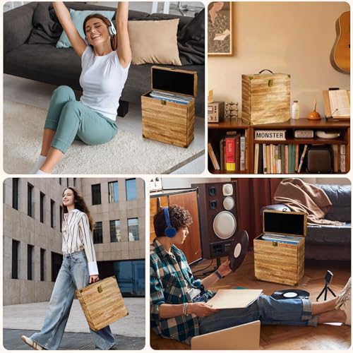 Vinyl Record Storage Box, Wooden LP Case, Holds 40 Records A496196