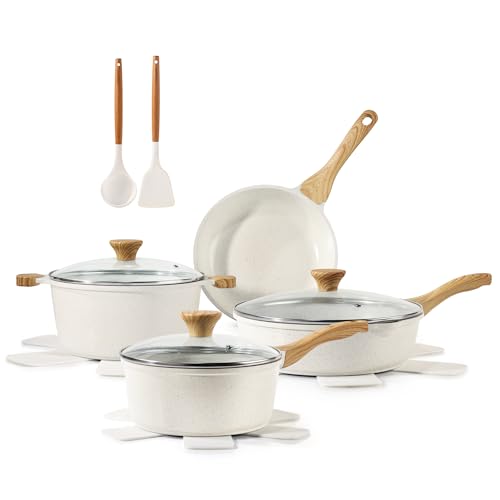 SENSARTE Nonstick Classic Granite Cookware Set 13-Piece, Healthy Pots and Pans Set, Non-toxic Kitchen Cooking Set with Stay-Cool Handles, Silicone Tools and Pot Protectors, PFOS and PFOA Free