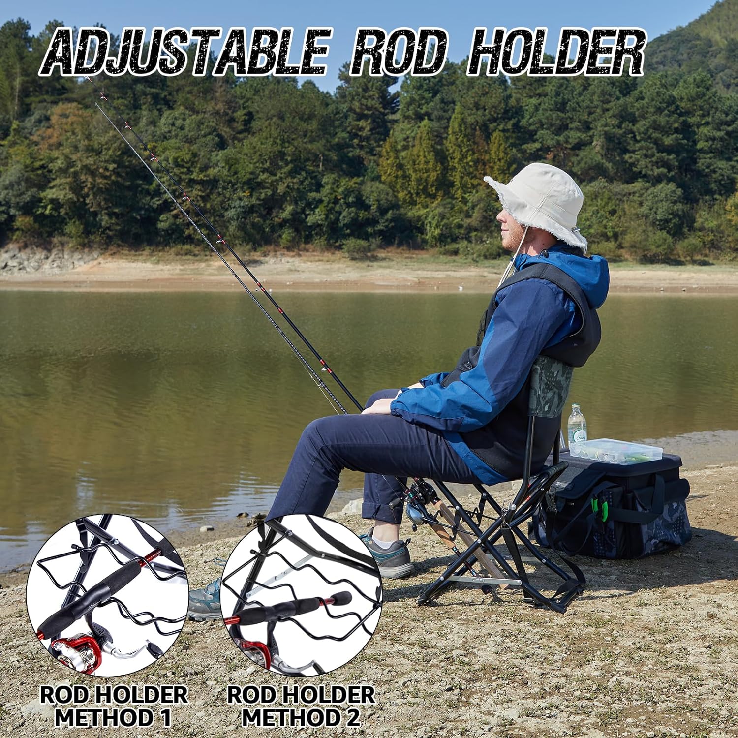 Folding Fishing Chair with Rod Holder, Portable Camping Stool for Adults, 300LBS Q66145