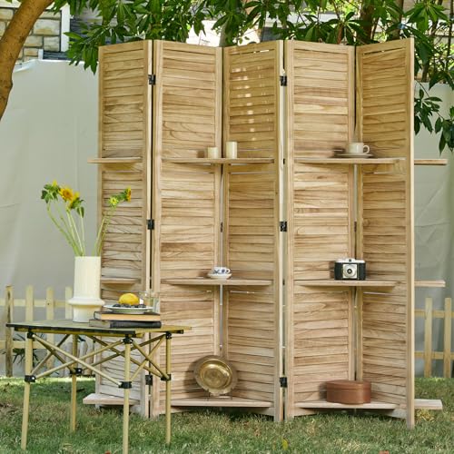Folding Room Divider with Shelves, 6 Panels, Brown D785582