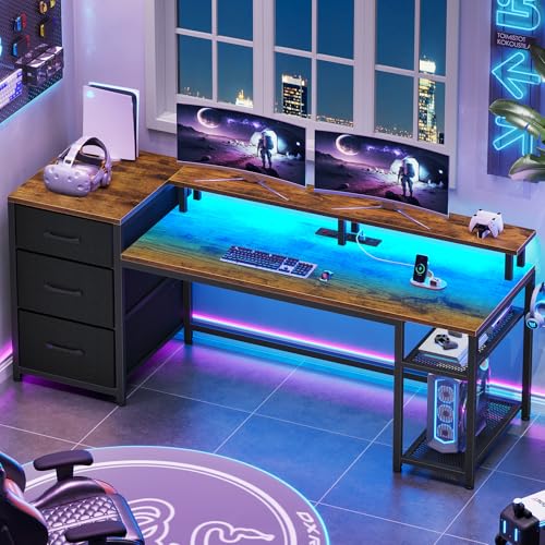 Office Desk with Drawers, Reversible Computer Desk with Storage, LED Lights & Power Outlet, Rustic Brown X65554