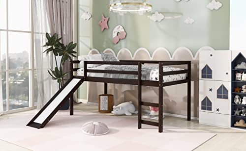 Wood House Loft Bed Frame with Slide and Storage Shelves Z806