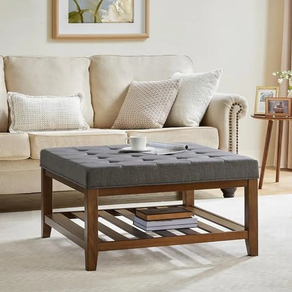 Square Ottoman Coffee Table with Button Tufted Upholstered Linen for Living Room N173