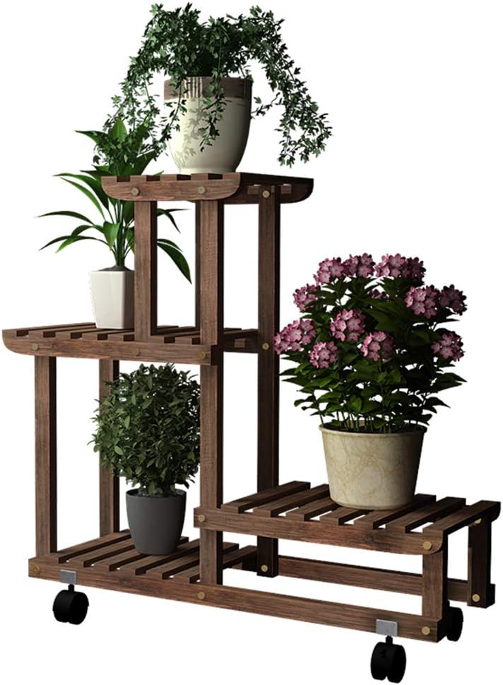 Potted Rack Plant Floor Stand Flower Pot Holder Bonsai Display Shelf Storage Shelves Multi-Layer Wooden with Wheels Portable Indoor Decoration for Garden Balcony