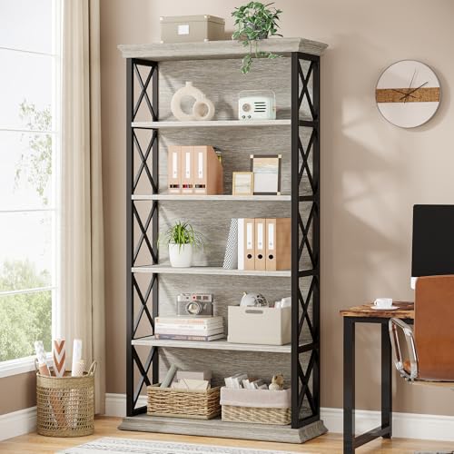 6-Tier Industrial Bookcase, 71 Inches Tall, Floor Standing Storage Shelves for Home Office, Brown and Black V7912