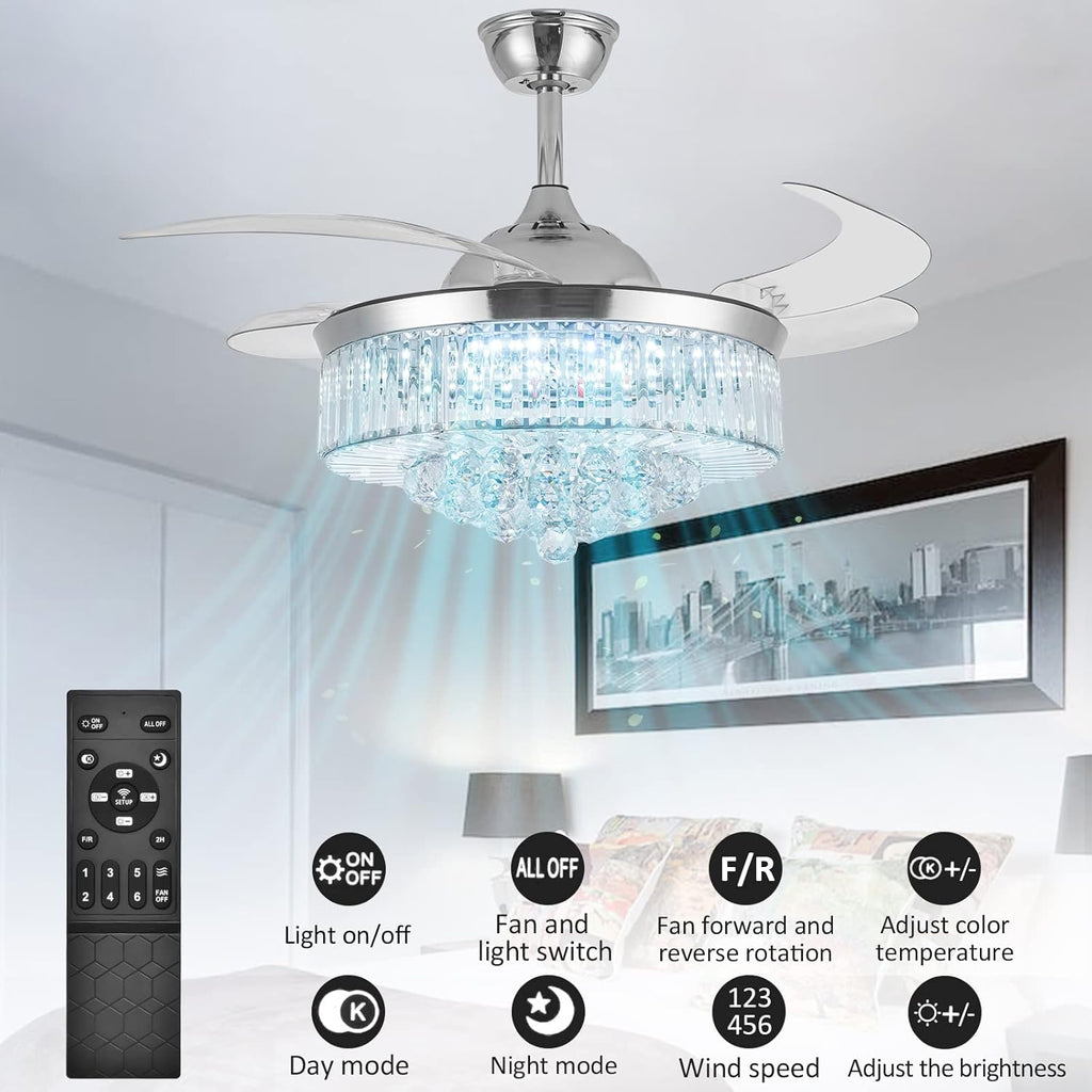 Crystal Ceiling Fan with Light, Dimmable LED Remote Control, Retractable Blades U2447