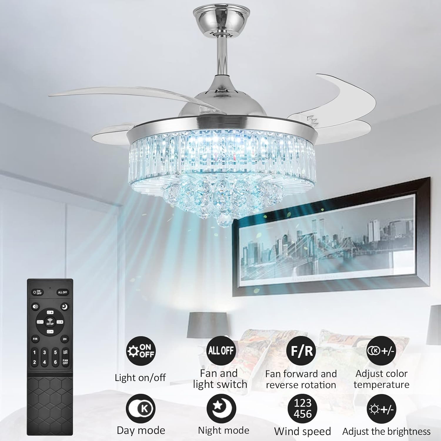 Crystal Ceiling Fan with Light, Dimmable LED Remote Control, Retractable Blades U2447