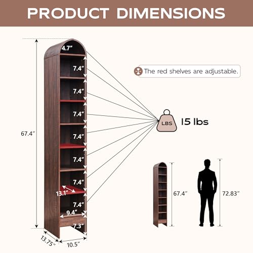 Arched Bookshelf, 7-Tier Bookcase with Adjustable Shelves A456