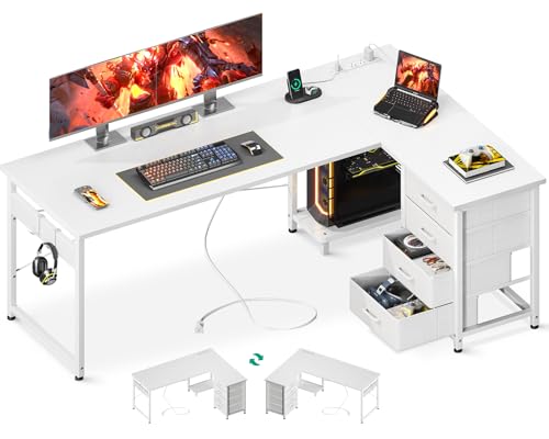 L Shaped Desk with 4 Tier Drawers, Power Outlets & USB, Corner Computer Desk with CPU Stand U4256