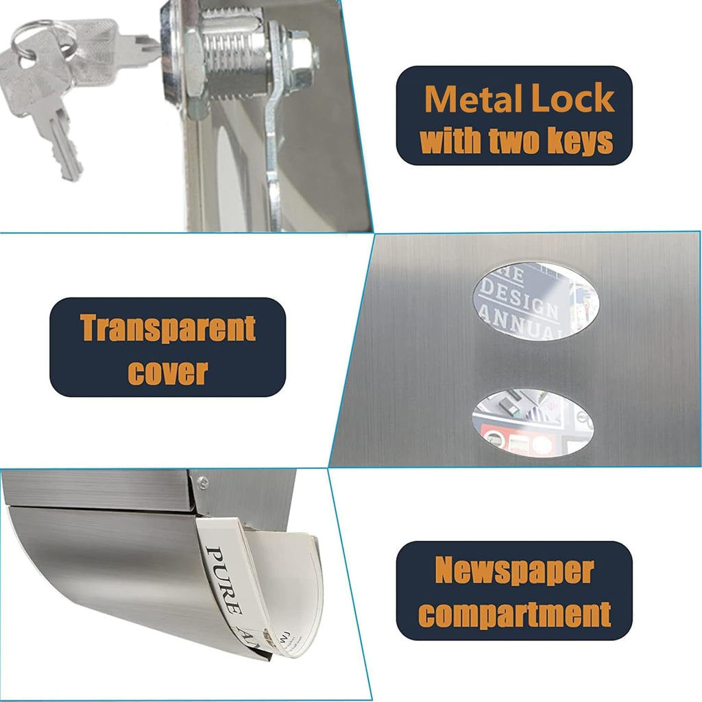 Stainless Steel Wall-Mount Mailbox with Lock and Newspaper Holder U865682