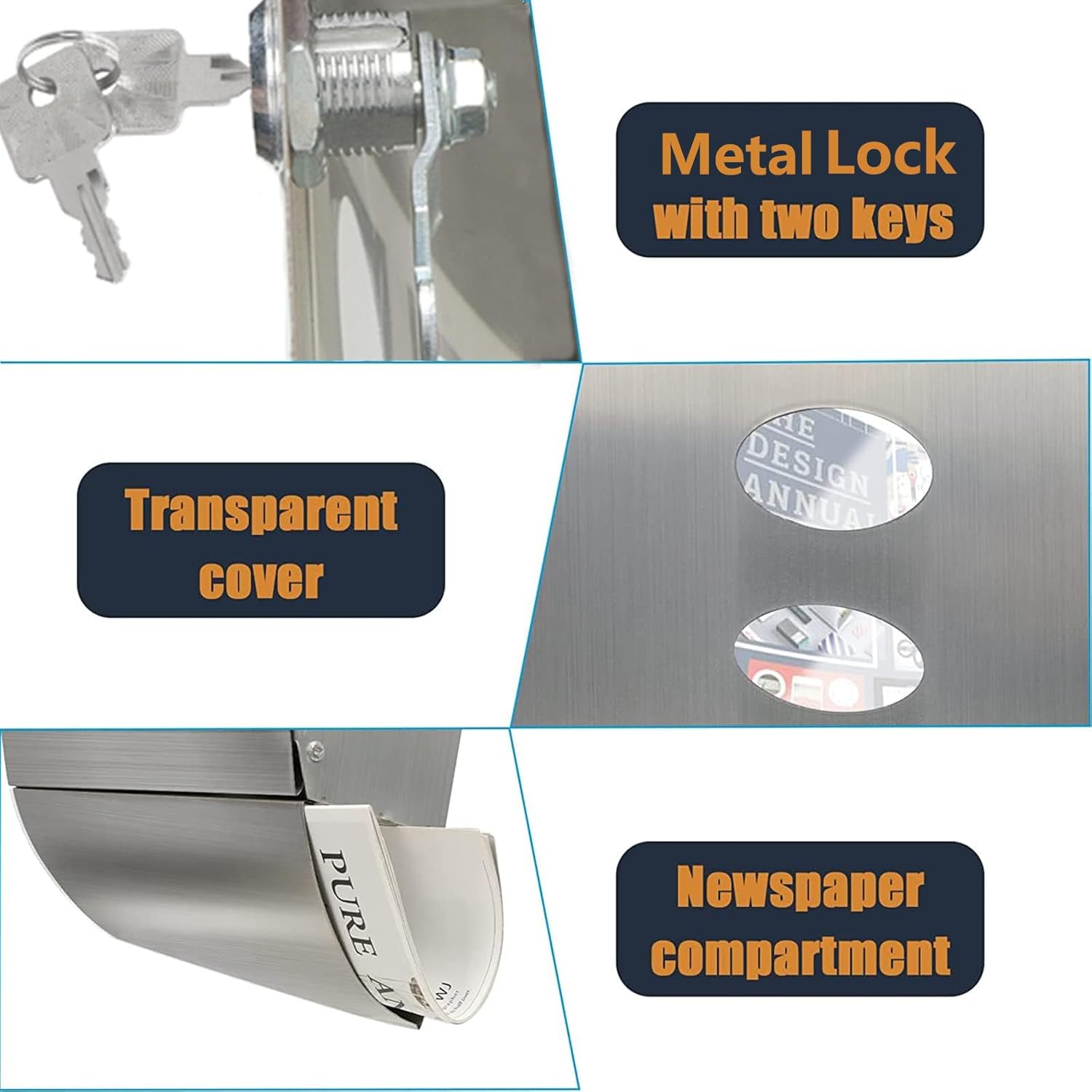 Stainless Steel Wall-Mount Mailbox with Lock and Newspaper Holder U865682