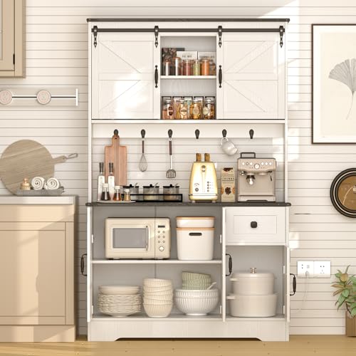 Kitchen Pantry Cabinet with Charging Station and Microwave Stand, White A481
