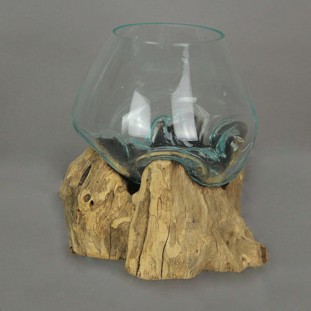 Melted Glass and Teak Driftwood Centerpiece Bowl Sculpture, 7-Inch N899199