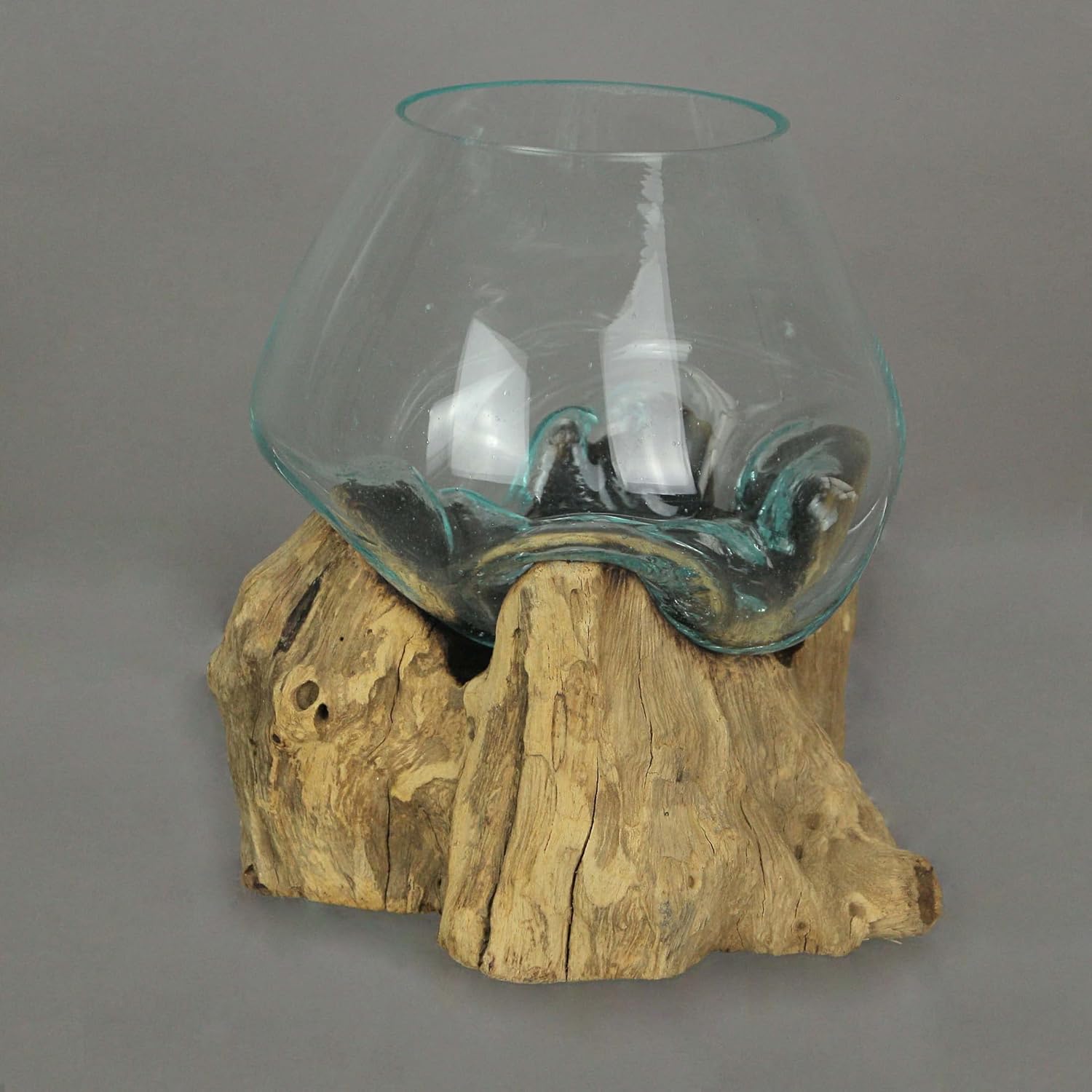 Melted Glass and Teak Driftwood Centerpiece Bowl Sculpture, 7-Inch N899199