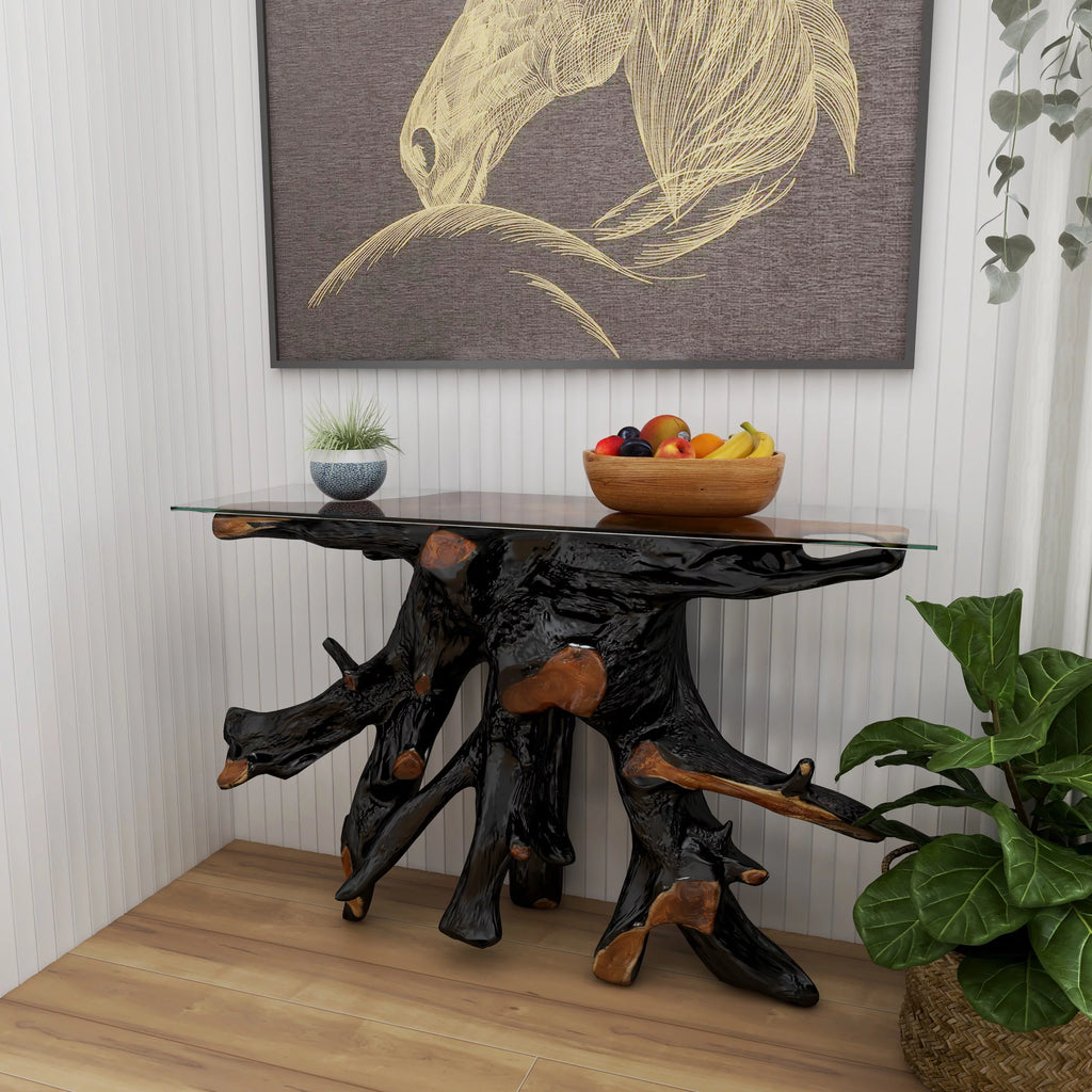 Black Teak Wood Live Edge Console Table with Clear Glass Top X4060