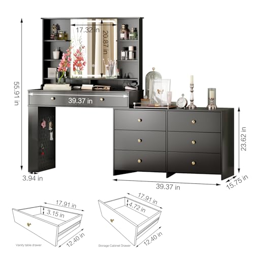 Large Makeup Vanity Desk with Mirror and Lights, 8 Drawers, Power Outlet B666