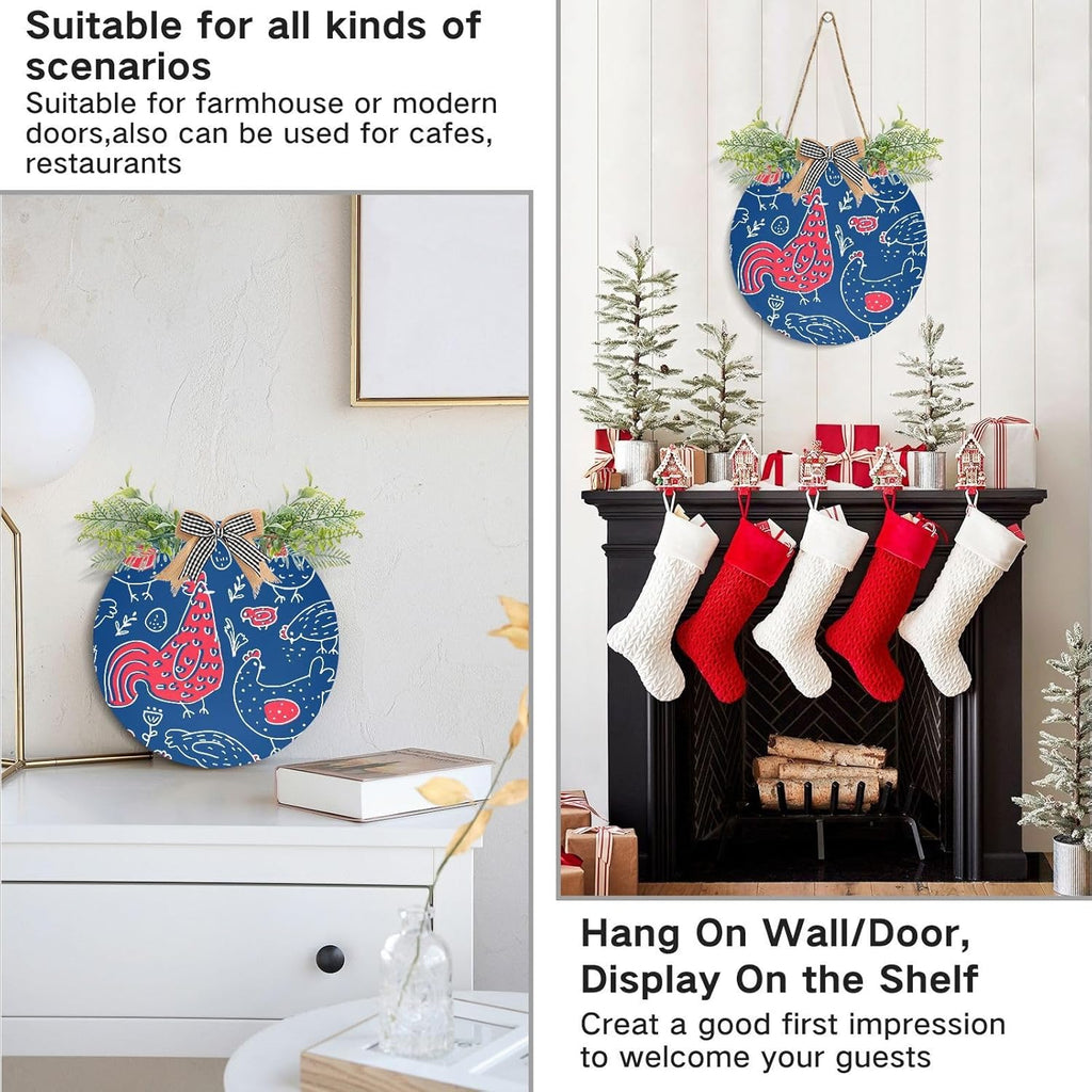 Chicken Rooster Door Wreath for Front Door, Round Hanging Home Decor Q59487